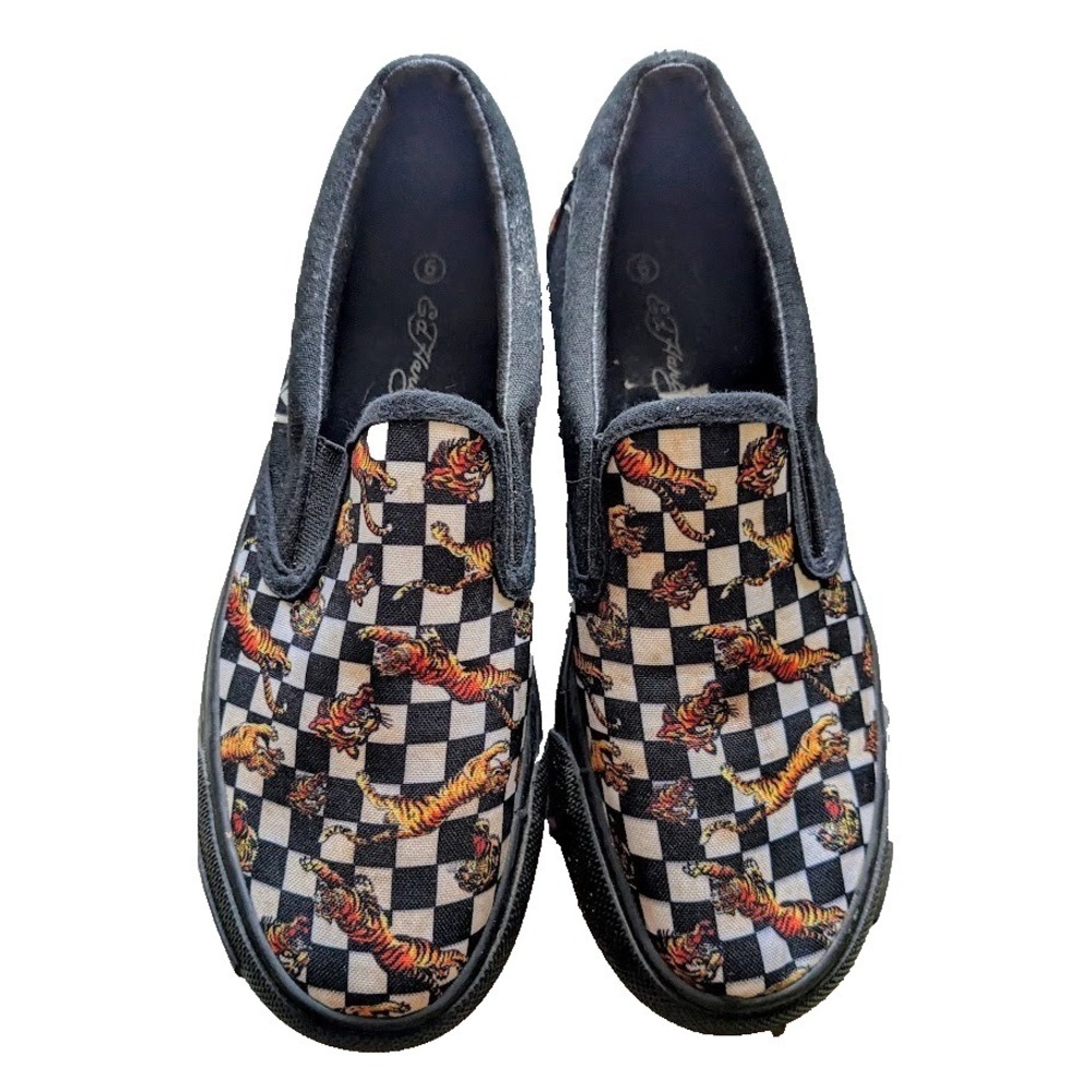 Ed Hardy Slip On Poppy Tiger Big Cat Canvas Shoes Women Sz 6 Checkerboard Loafer